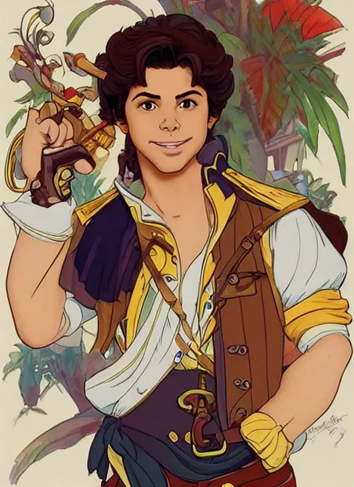 Image similar to cute jake t. austin as a pirate captain. parrot on his shoulder, natural lighting, path traced, highly detailed, high quality, digital painting, by don bluth and ross tran and studio ghibli and alphonse mucha, artgerm