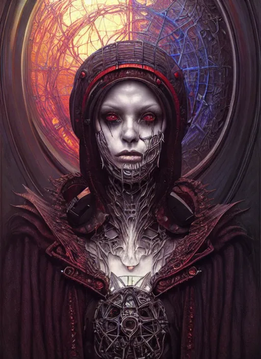Image similar to portrait of necromancer, hyper detailed masterpiece, dystopian background, jean giraud, digital art painting, darkwave goth aesthetic, lovecraftian, artgerm, donato giancola and tom bagshaw
