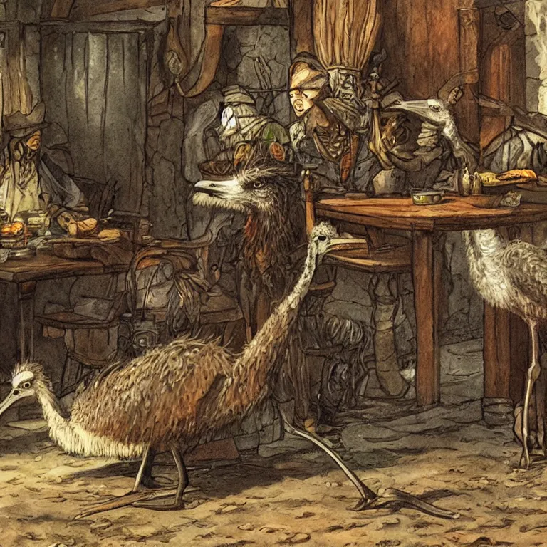 Prompt: a single emu in a tavern, fantasy rpg book illustration