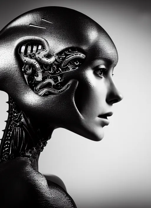 Prompt: a profile portrait, a stunning young woman - cyborg with a mutant lizard head, editorial photography, bw, by roman sustov, by hr giger, shot on 7 0 mm, depth of field, f / 2. 8, high contrast, 1 6 k, volumetric lighting, shiny, insanely detailed and intricate, hypermaximalist, elegant, ornate