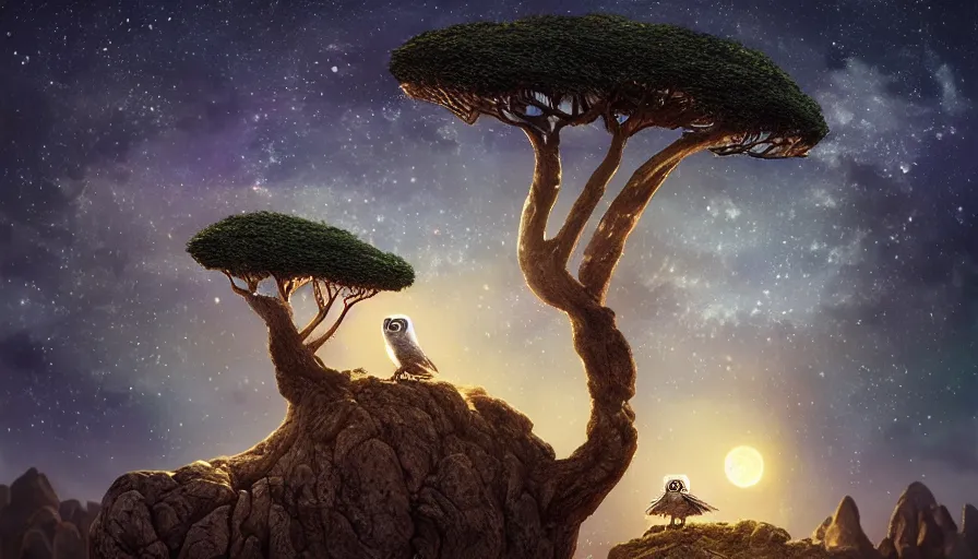 Image similar to very very small owl, sitting on a gigantic dragon tree in moonlit socotra island by ilya kuvshinov, starry night, rtx rendering, octane render 1 2 8 k, maya, extreme high intricate details by tom bagshaw, medium shot, close up shot, composition by sana takeda, lighting by greg rutkowski