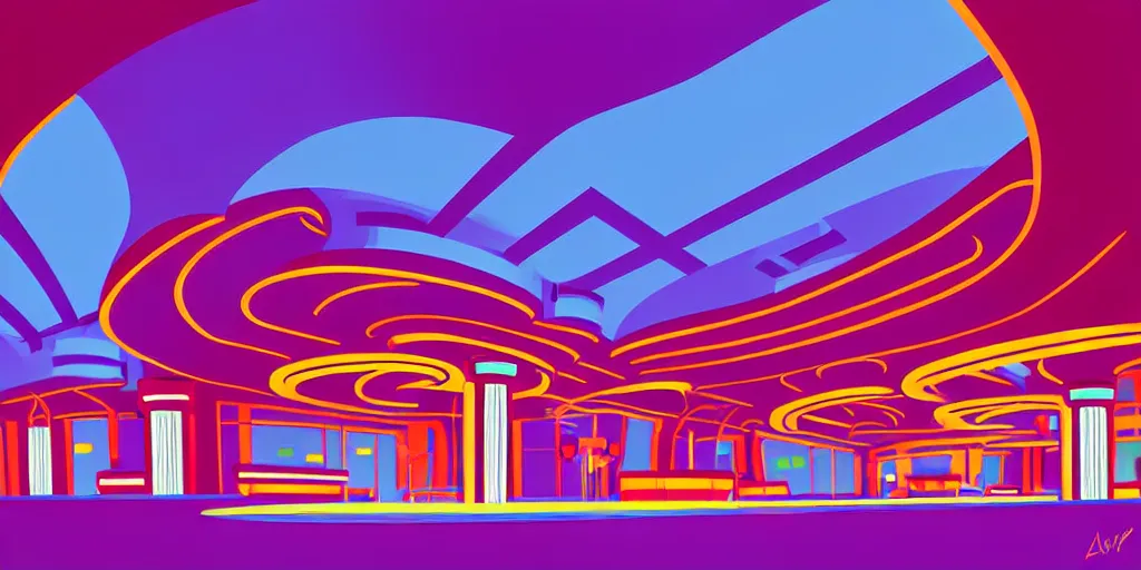 Image similar to minimalistic curly perspective digital art of indoor top floor of a casino with a balcony to the ground floor by anton fadeev from ( nightmare before christmas )!!!!!!!!!!