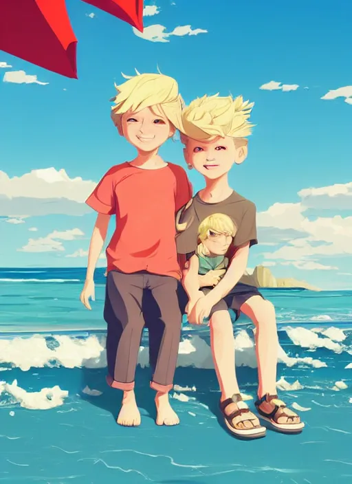 Prompt: two little boys with tousled blonde hair sitting on a beach. clean cel shaded vector art. shutterstock. behance hd by lois van baarle, artgerm, helen huang, by makoto shinkai and ilya kuvshinov, rossdraws, illustration, art by ilya kuvshinov