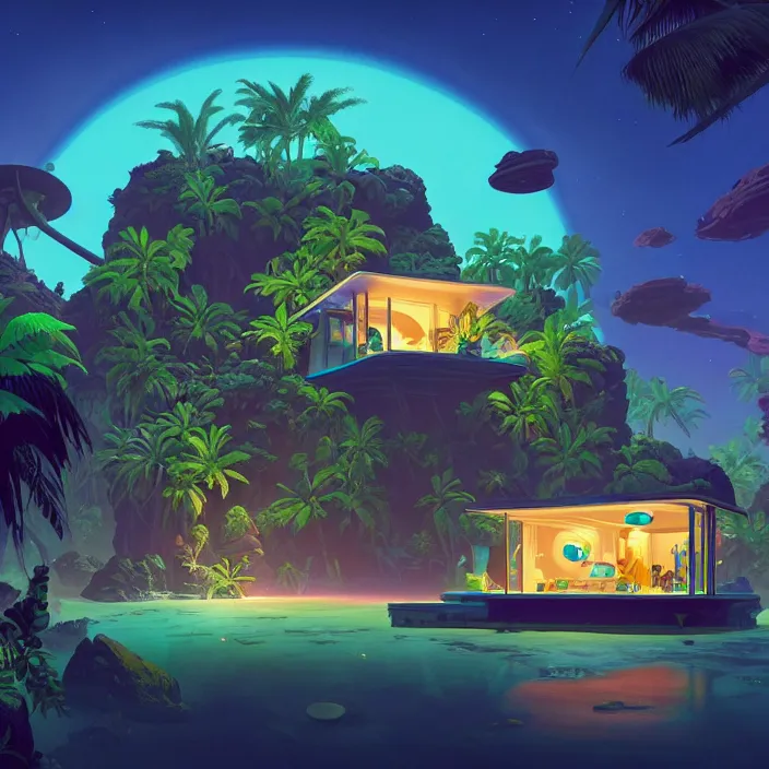 Prompt: a bioluminescent tropical cottage by paolo eleuteri serpieri and tomer hanuka and chesley bonestell and daniel merriam and tomokazu matsuyama, unreal engine, high resolution render, featured on artstation, octane, 8 k, highly intricate details, vivid colors, vector illustration