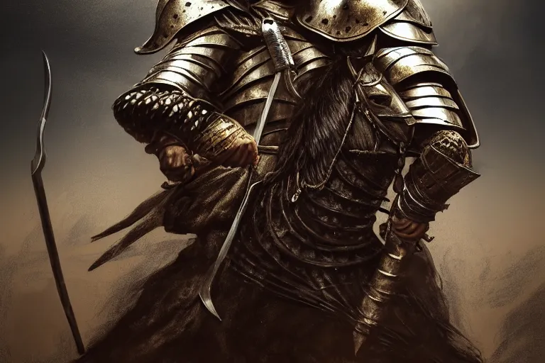Image similar to Portrait of a king in the desert, Medieval Warrior fighting in a dark scene, detailed scene, Armour and Crown, highly detailed, blood and dust in the air, action scene, cinematic lighting, dramatic lighting, trending on artstation, elegant, intricate, character design, motion and action and tragedy, fantasy, D&D, highly detailed, digital painting, concept art