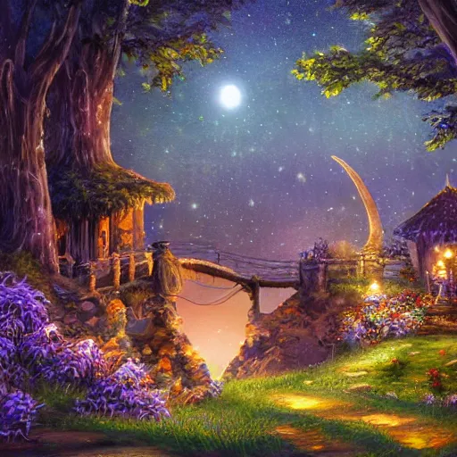 Image similar to painting, high detail, woodland village, night, fantasy, crescent moon, stone paths, bridge, water stream, luminous, toadstools, fireflies, fantasy,, flowers, lanterns, mist, highly detailed painting, fine lines, 8 k realistic, sharp focus