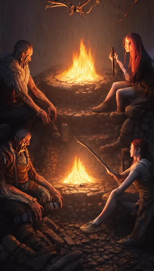 Image similar to two people : the stalker and the wither are sitting by the fire, highly detailed, d & d, fantasy, highly detailed, digital painting, trending on artstation, concept art, sharp focus, illustration, global illumination, ray tracing, realistic shaded, art by artgerm and greg rutkowski and fuji choko and viktoria gavrilenko and hoang lap