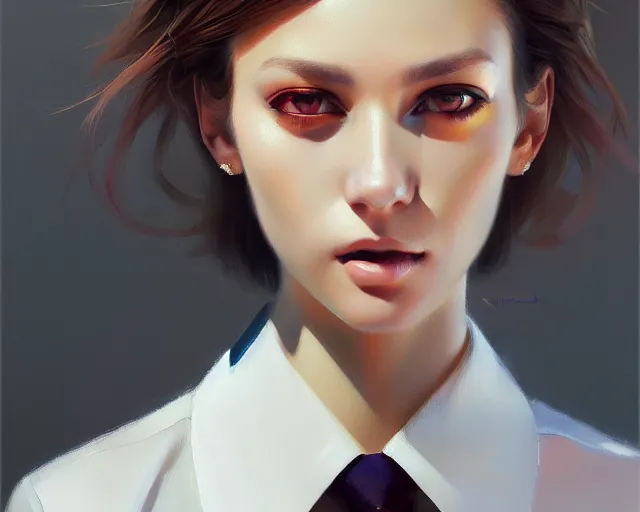 Image similar to a ultradetailed beautiful portrait panting of a stylish woman wearing a shirt with a tie, she has messy hair, oil painting, by ilya kuvshinov, greg rutkowski and hajime sorayama, trending on artstation