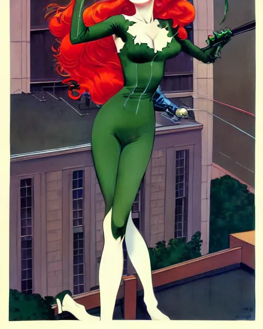 Image similar to joshua middleton, phil noto, norman rockwell, artgerm, 1 9 5 0 s rockabilly emma stone poison ivy dc comics, vines, symmetrical eyes, city rooftop