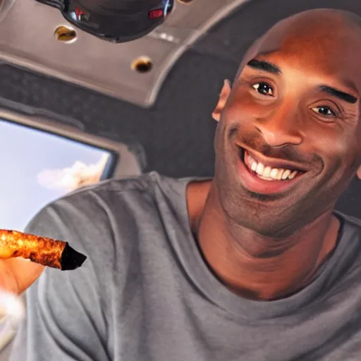 Image similar to selfie of kobe bryant holding a smokie joint in a helicopter, smoke around him, 8k resolution, hyper detailed, shot in the air