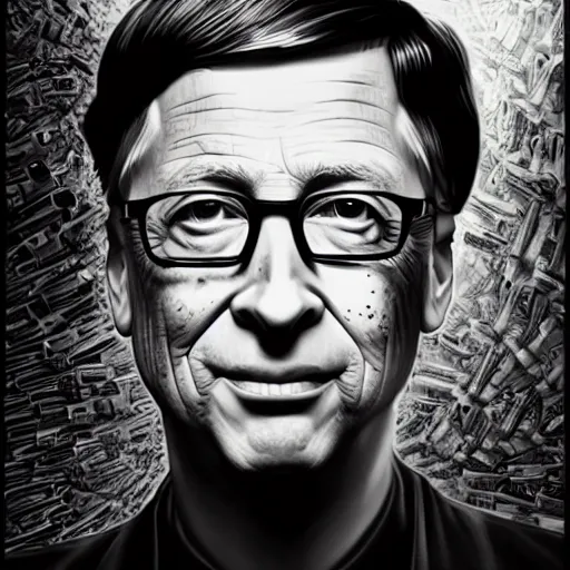 Prompt: bill gates full body portrait, piles of syringes behind him, body horror, black and white illustration by junji ito, feeling of grimdark, sharp focus, fiction, hyper detailed, digital art, trending in artstation, cinematic lighting, studio quality, smooth render, unreal engine 5