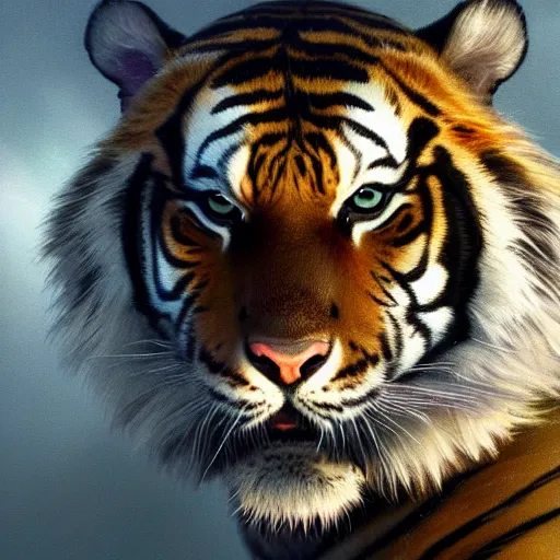 Image similar to A close up shot of a tiger, ultra high detailed, oil painting, Greg Rutkowski, Charlie Bowater, Yuumei, Yanjun Cheng, unreal 5, DAZ, hyperrealistic, octane render, RPG portrait, dynamic lighting, fantasy art, beautiful