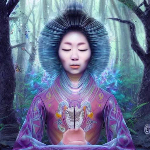 Prompt: magical samurai floating meditating in enchanted forest, digital art, surreal, beautiful, detailed, highly detailed, intricate, powerful warrior, glowing, prismatic, pearlescent, portrait, detailed, realism, classical, trending on artstation, 8k, ultra realistic, highly detailed, by alex grey, by moebius, by peter mohrbacher