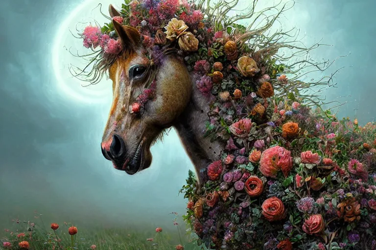 Image similar to a stunning digital painting of a horse made of intricately engraved gnarled wood with a mane of bioluminescent flowers standing in a field of flowers by greg rutkowski, flowercore, volumetric light, digital art, fine detail, photorealistic