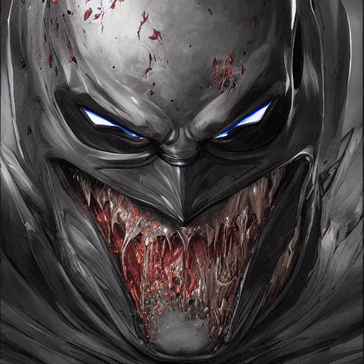 Prompt: Portrait of Batman face as symbiote Carnage, black, marvel comics, dark, intricate, highly detailed, smooth, artstation, digital illustration by Ruan Jia and Mandy Jurgens and Artgerm and Wayne Barlowe and Greg Rutkowski and Zdislav Beksinski