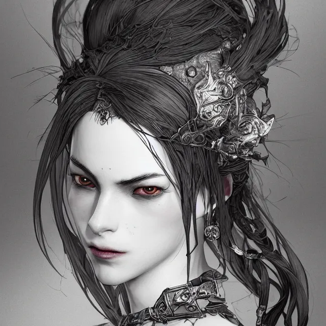 Image similar to the portrait of neutral evil fallen female dark knight vagabond as absurdly beautiful, gorgeous, elegant, sophisticated, woman, an ultrafine hyperdetailed illustration by kim jung gi, irakli nadar, intricate linework, bright colors, octopath traveler, final fantasy, unreal engine 5 highly rendered, global illumination, radiant light, detailed and intricate environment