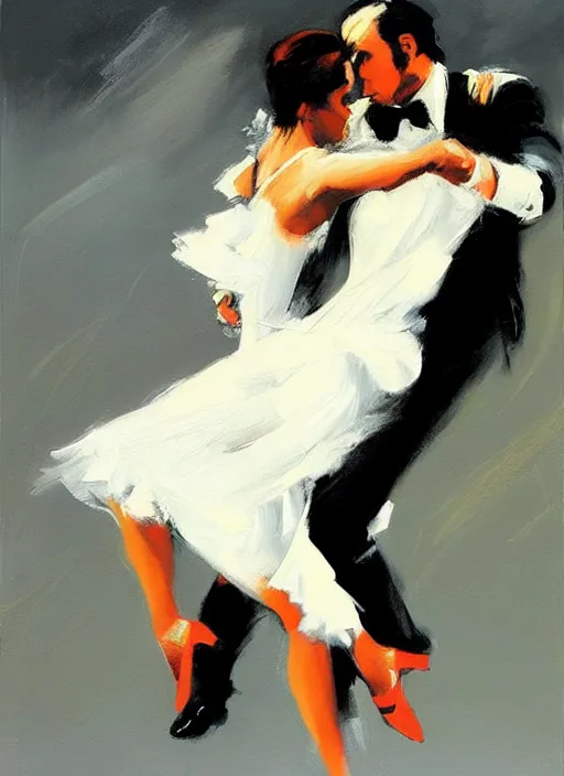 Image similar to tango dancerin in white dress, painting by phil hale, fransico goya,'action lines '!!!, graphic style, visible brushstrokes, motion blur, blurry, visible paint texture, crisp hd image