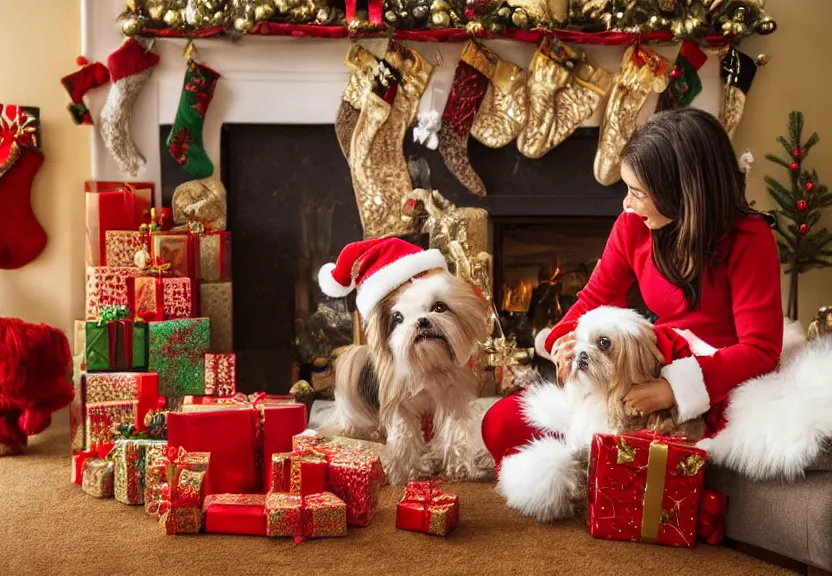 Image similar to A Golden Aztec Warrior Petting his Shih Tzu on Christmas Morning, Warm, Fireplace, Colorful, Holiday