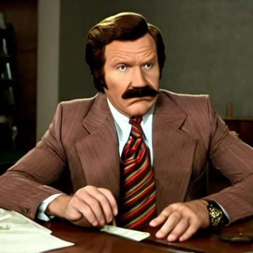 Image similar to a movie still of Alex Trebeck as Ron Burgundy in the movie Anchorman