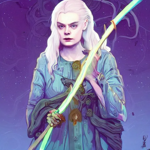 Image similar to a white - haired witch holding a gnarled staff, elle fanning, wisdom of the ages, glowing iridescent accents, digital apex legends illustration portrait, gorgeous lighting, wide angle action dynamic portrait, art by josan gonzalez, bright colors, green and gold palette, high contrast