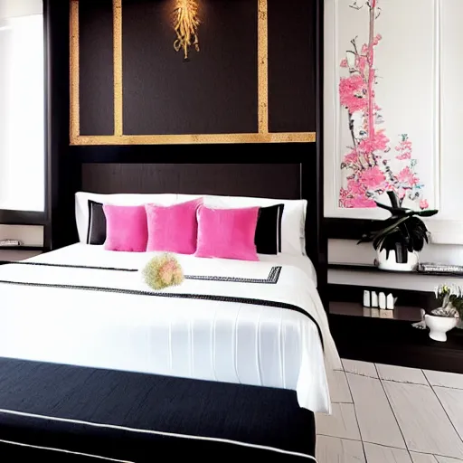 Image similar to stylish luxury hotel bedroom design, feminine, black walls, Japanese influences