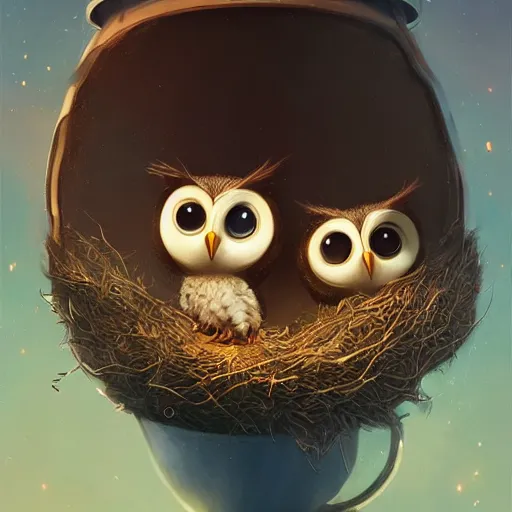 Prompt: long shot of a very cute owl chick nesting in a very futuristic cup, esao andrews, humorous illustration, hyperrealistic, big depth of field, warm colors, night scenery, low light, 3 d octane render, 4 k, conceptart, hyperdetailed, hyperrealistic, trending on artstation