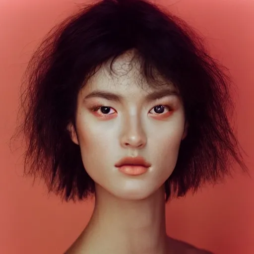 Image similar to Portrait photo of a beautiful supermodel, beautiful bone structure, natural makeup, studio lighting, highly detailed, cinestill 800t