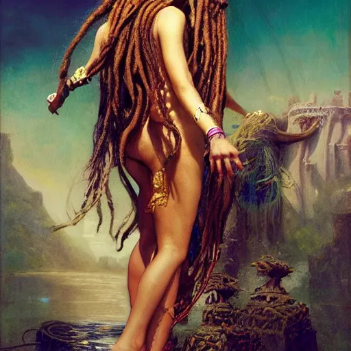 Image similar to birth of mami wata, sumerian goddess inanna ishtar, ashteroth, techno mystic goddess princess intergalactica, with aqua neon rapunzel dreadlocks, mami wata, detailed, by gaston bussiere, bayard wu, greg rutkowski, giger, maxim verehin, greg rutkowski, masterpiece, sharp focus,