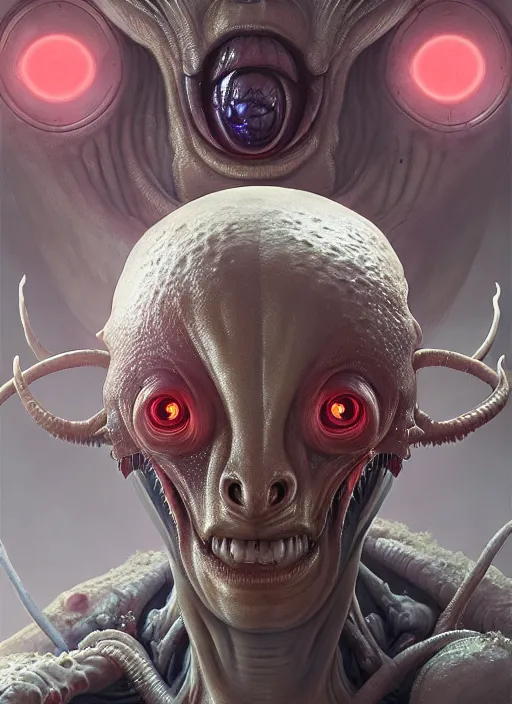 Image similar to portrait of a space alien, varying detailed skin, octane render, piercing glowing eyes, realistic render, detailed, ugly, slimy unreal engine, symmetrical!!, greg rutkowski and ruan jia, cinematic