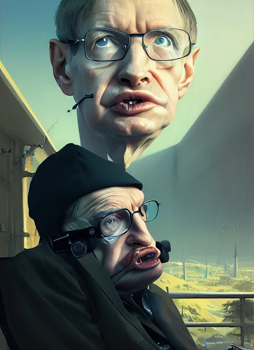 Image similar to highly detailed portrait stephen hawking in gta v, stephen bliss, unreal engine, fantasy art by greg rutkowski, loish, rhads, ferdinand knab, makoto shinkai and lois van baarle, ilya kuvshinov, rossdraws, tom bagshaw, global illumination, radiant light, detailed and intricate environment