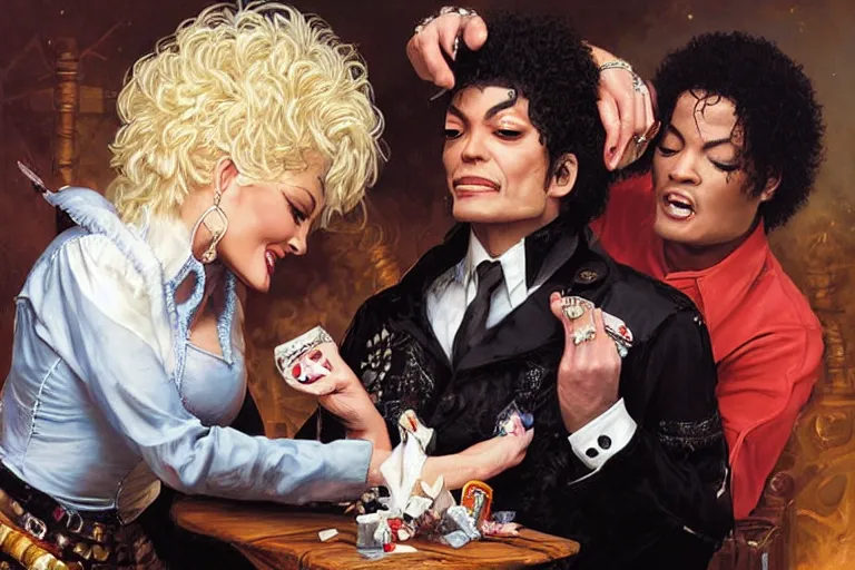 Image similar to portrait of dolly parton removing chewing gum from michael jacksons hair, an oil painting by ross tran and thomas kincade