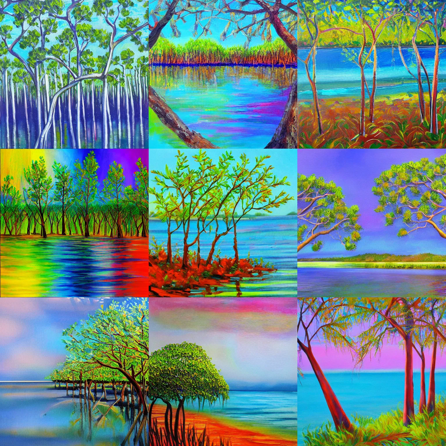 Prompt: mangrove trees, iridescent colors, near the sea, painting