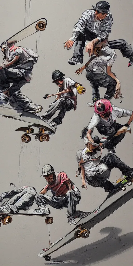 Prompt: oil painting scene skateboarders draw graffiti by kim jung gi