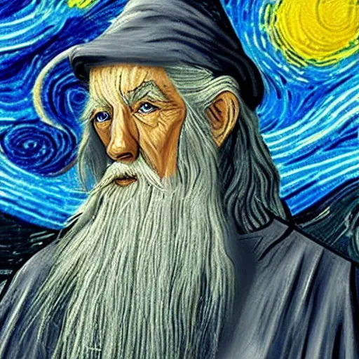 Image similar to A painting of Gandalf the Grey, painting, van gogh art style