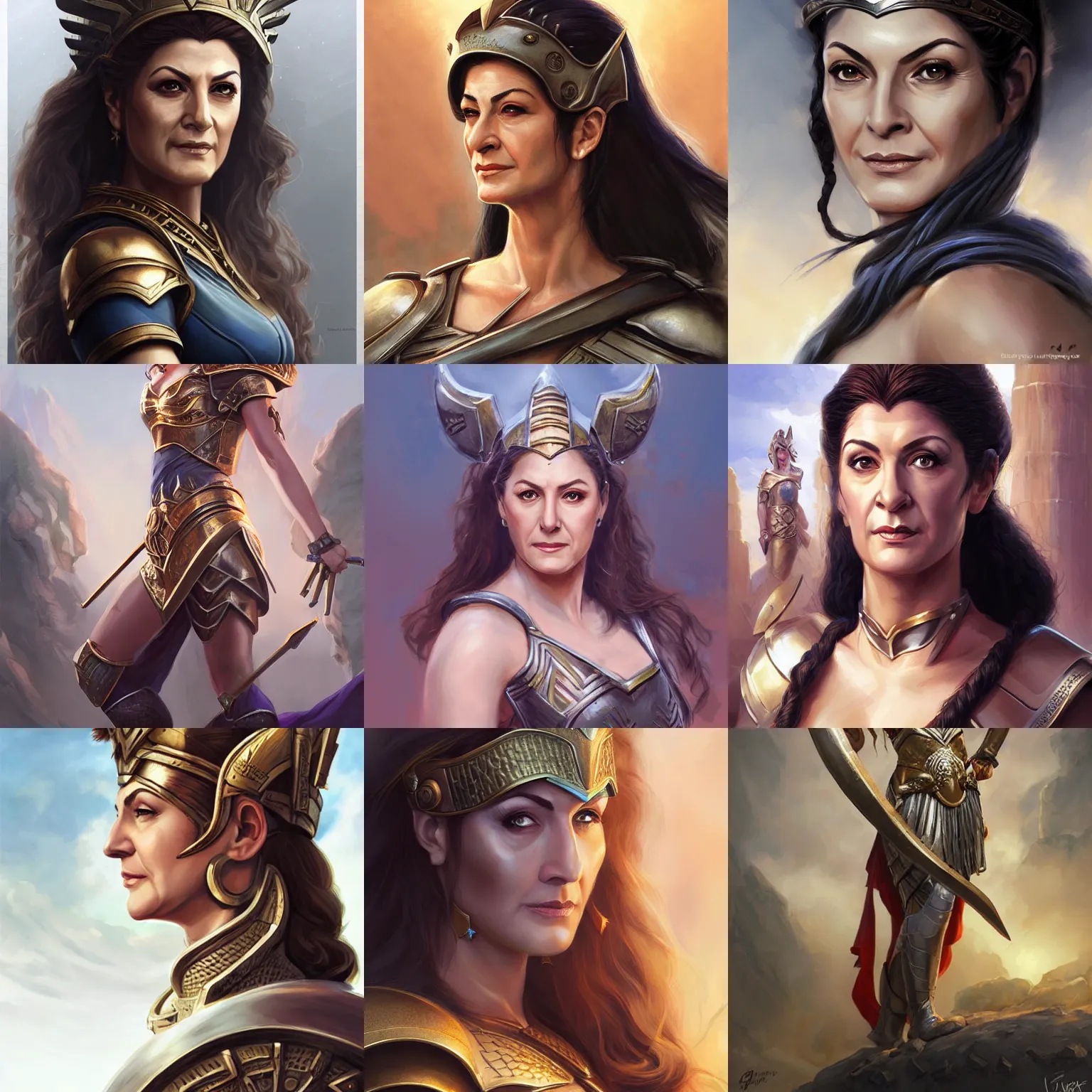 Prompt: athena, greek goddess of war, young marina sirtis, armor, d & d, fantasy, portrait, highly detailed, headshot, digital painting, trending on artstation, concept art, sharp focus, illustration, art by artgerm and greg rutkowski and magali villeneuve