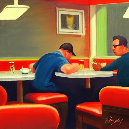 Image similar to a portrait of a sad man in a diner painted in the style of Edward Hopper, 4k,