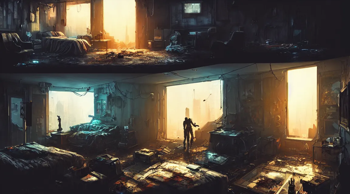 Image similar to post apocalyptic bedroom interior, apartment interior, human silhouettes, furniture, interior decoration, by pascal blanche, neil blevins, trending on artstation, photorealistic, hyper detailed, hyper realistic, cyberpunk