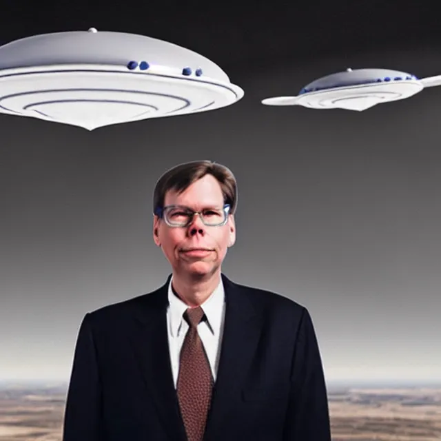 Image similar to a photo of bob lazar with a hangar full of flying saucers at area 5 1, photorealistic, high detail