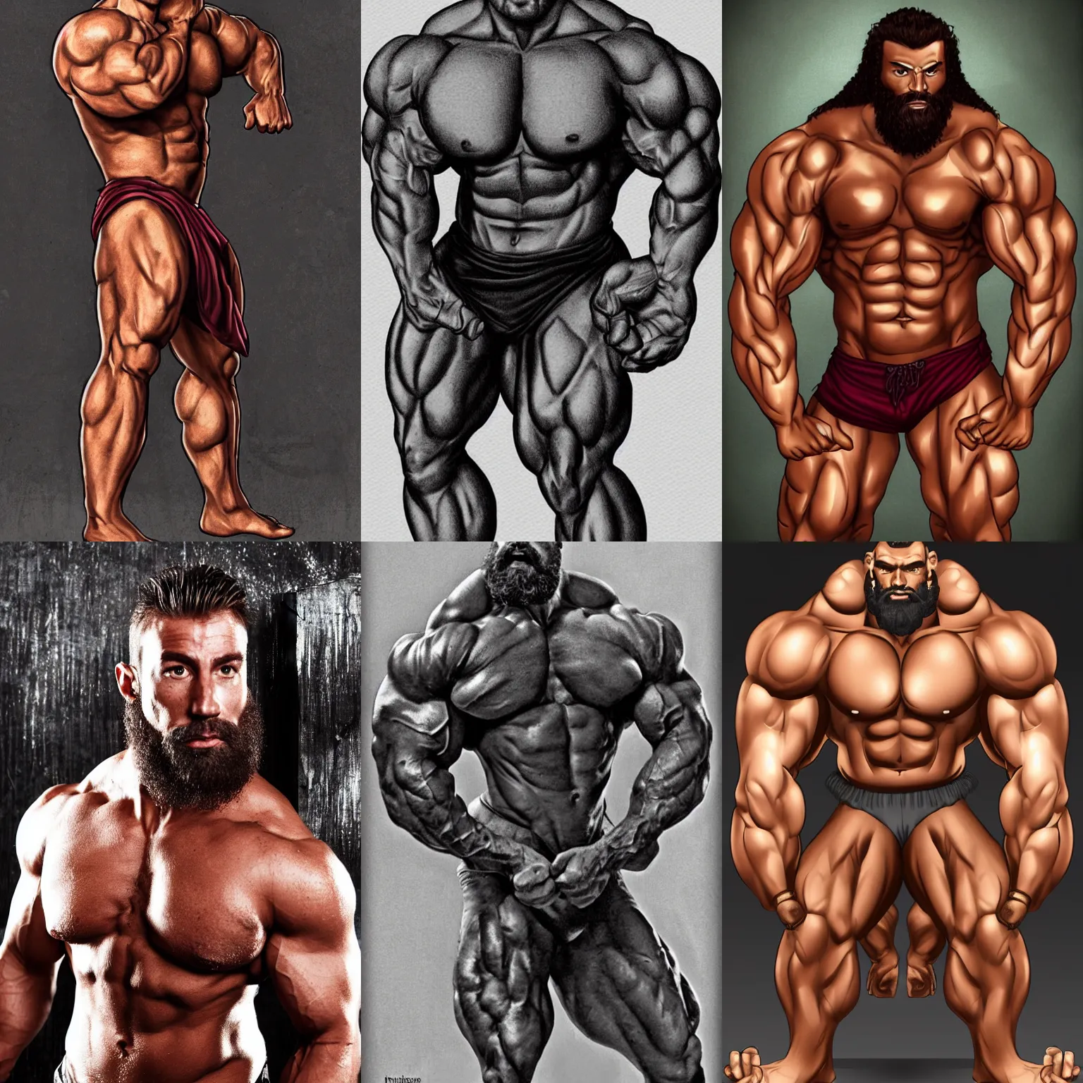Prompt: portrait of hulking herculean bodybuilder gigachad, with a beard. muscular musclebound bodybuilder wearing iron armour, second life avatar.