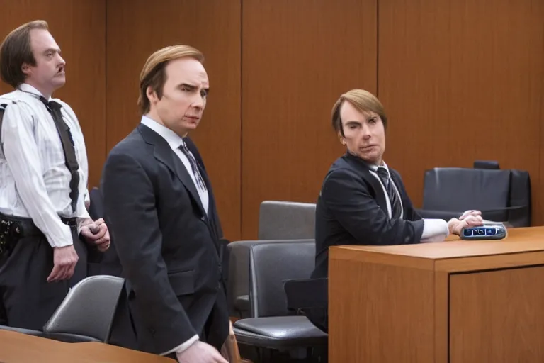 Prompt: saul goodman, also known as jimmy mcgill, defends dart vader in court, dart vader court session, court session images, 1 0 8 0 p, court archive images