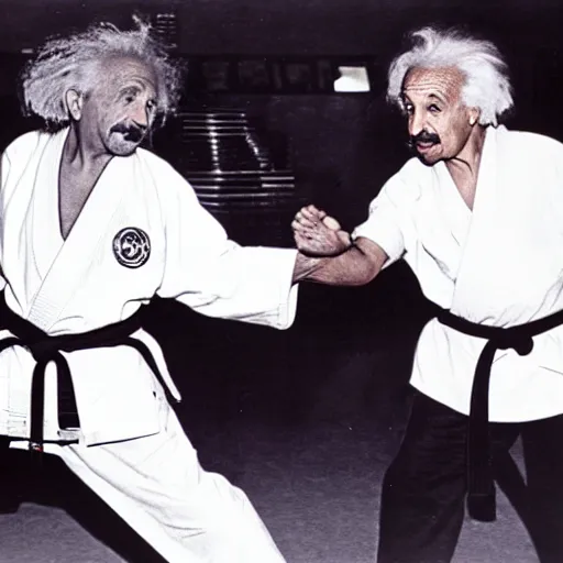 Prompt: albert einstein doing karate with mike tyson