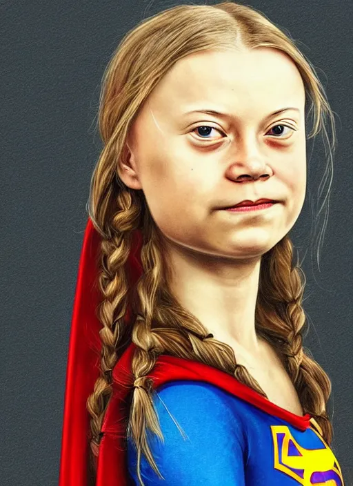 Image similar to greta thunberg as supergirl painted by hieronymus bosch, detailed digital art, trending on Artstation