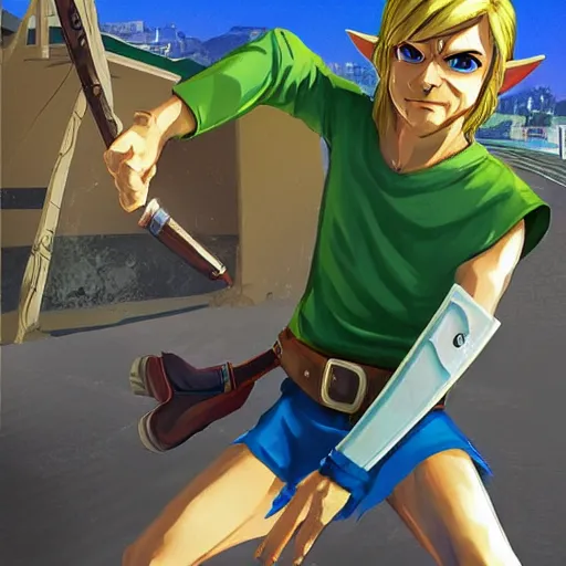 Prompt: Link from Zelda in GTA V, cover art by stephen Bliss, artstation, no text