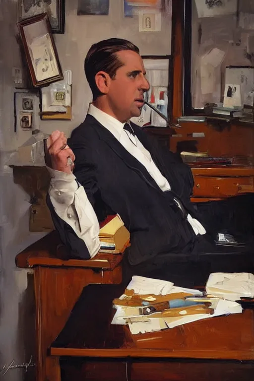 Prompt: michael scott sitting on his desk, painting by jc leyendecker!! phil hale!, angular, brush strokes, painterly, vintage, crisp