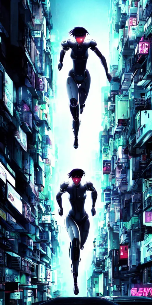 Image similar to ghost in the shell. cyborg running down the narrow street. cyberpunk city.