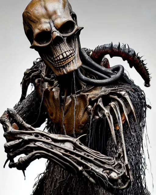 Prompt: photo taken of an epic intricate, ultra detailed, super realistic gritty, hero prop, exquisitely weathered animatronic movie prop of a lifelike sculpture of a nightmarish lifesize version of the grim reaper creature created by weta workshop, portrait, photorealistic, sharp focus, soundstage studio, 4 0 0 0 k