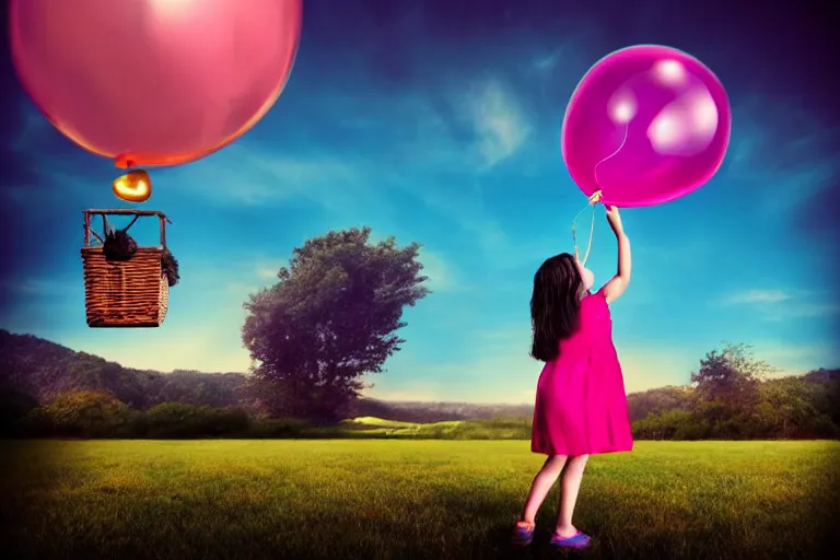 Prompt: she let the balloon float up into the air with her hopes and dreams. photo - realistic hd, hyperrealism, colourful, highly detailed, cinematic, luminescence, 3 2 k, dop, high contrast, intricate, mystery, epic, fantasy