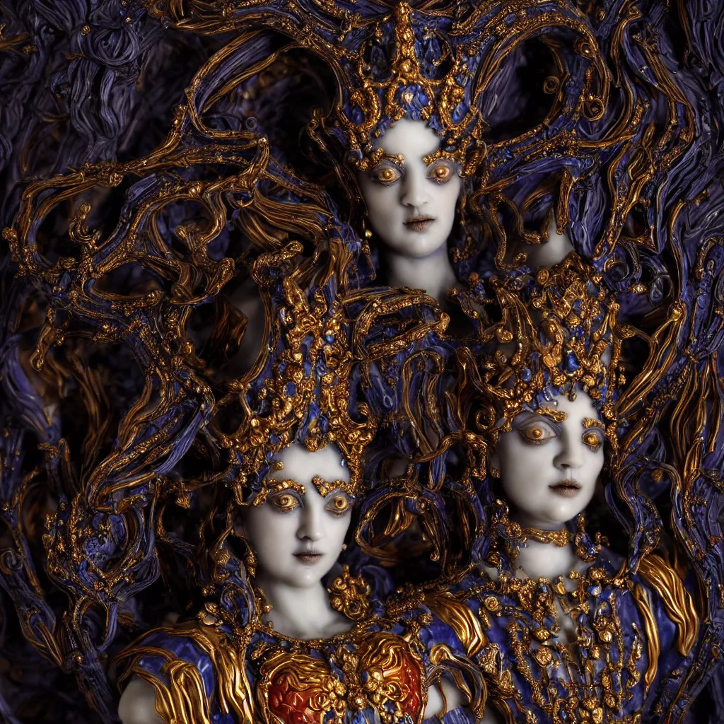 Image similar to a single close up photo - real delicate ceramic porcelain sculpture of an ornate majestic dark necromancer queen by rafael, detailed in front of an intricate background by mondrian, backlit lighting, subsurface scattering, translucent, thin porcelain, octane renderer, colorful, physically based rendering,