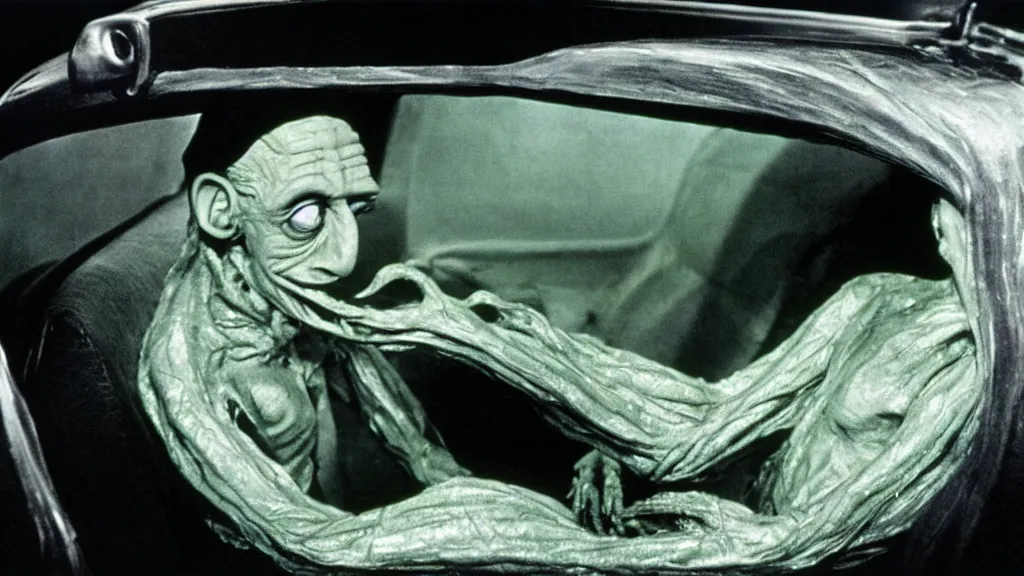 Image similar to the creature sits in a car, made of wax and oil, film still from the movie directed by David Cronenberg with art direction by Salvador Dalí, wide lens