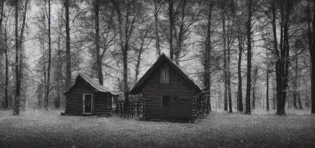 Prompt: old cabin in the wood, pack of black wolves, pinhole analogue photo quality, monochrome, blur, unfocus, cinematic, 35mm